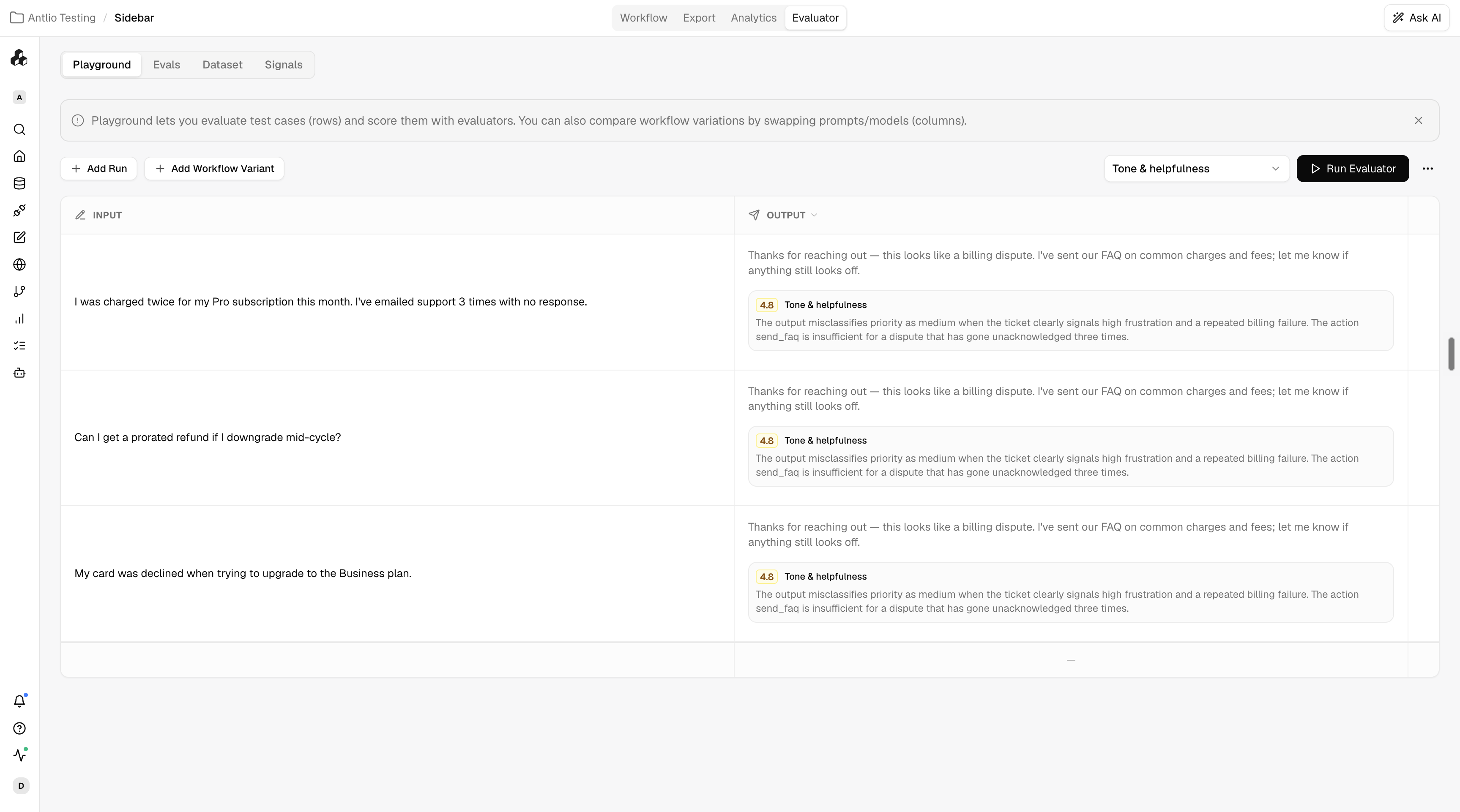 Evaluator playground for testing judges against sample runs