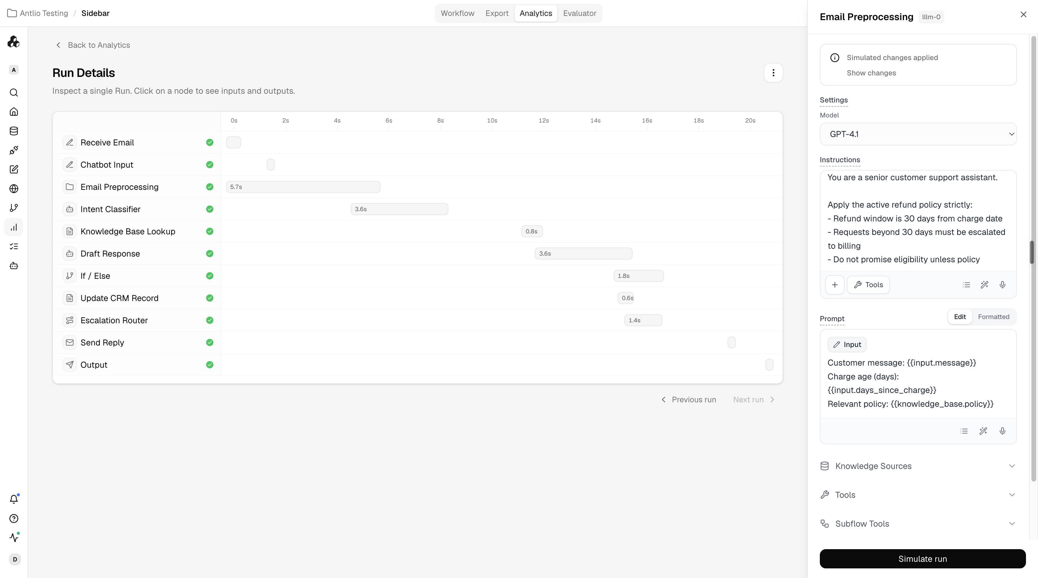 Evaluator run results with scores and suggested changes