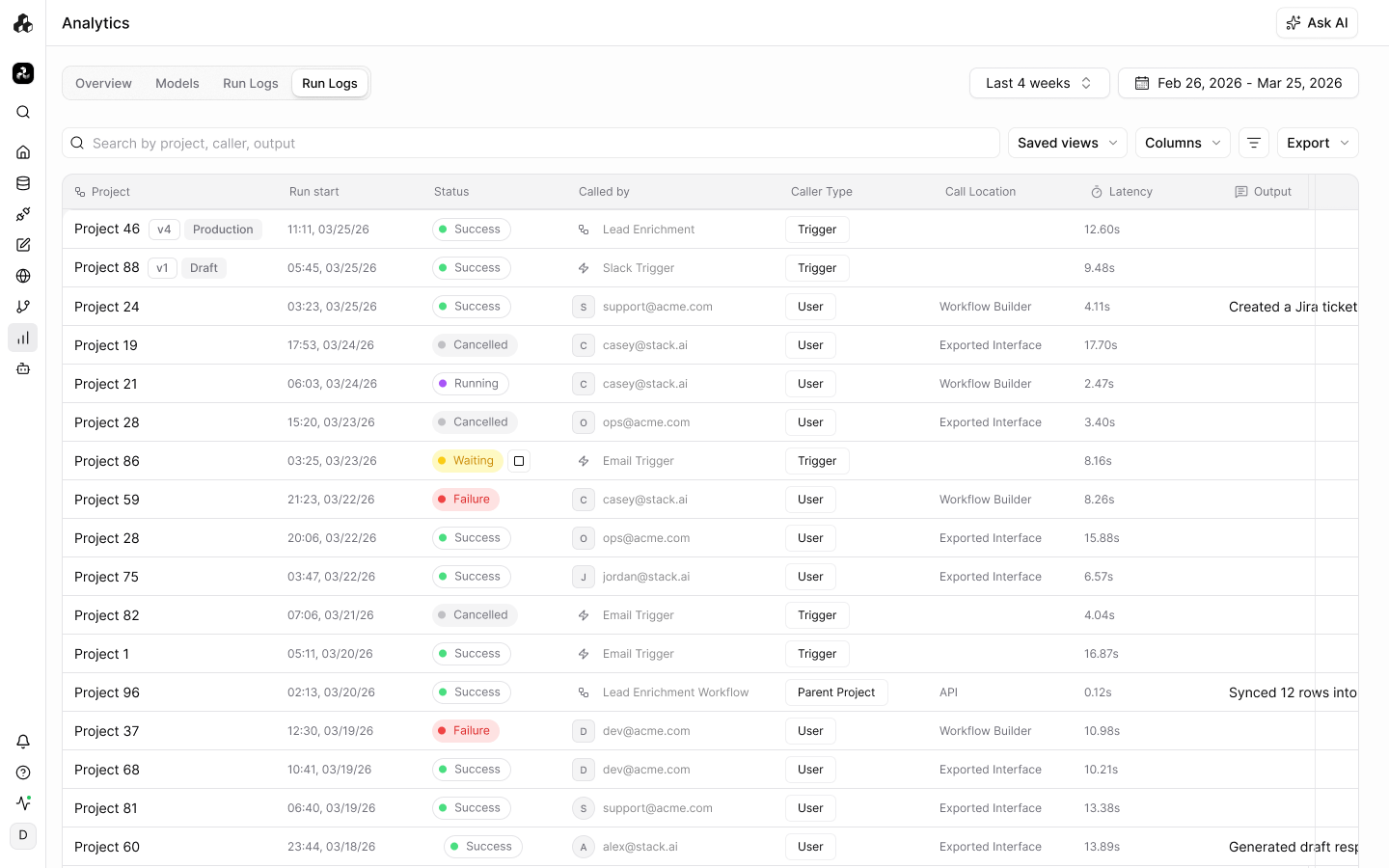 Run logs table with status, caller, latency, and output
