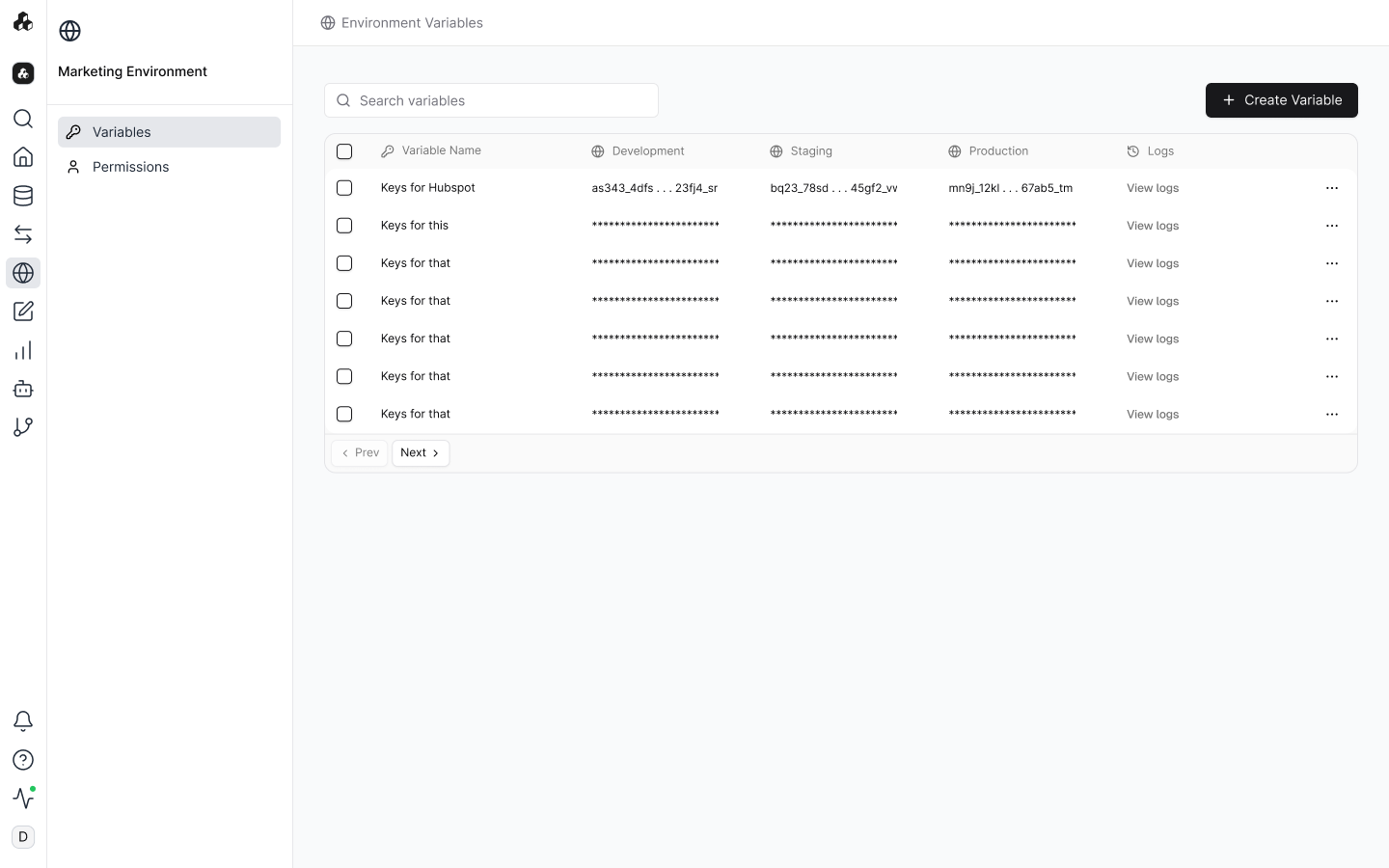 Environment variables managed across Development, Staging, and Production