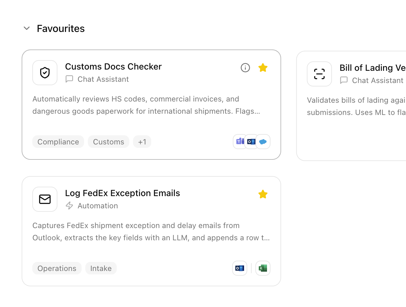 Favourite agent cards with labels, descriptions, and integrations