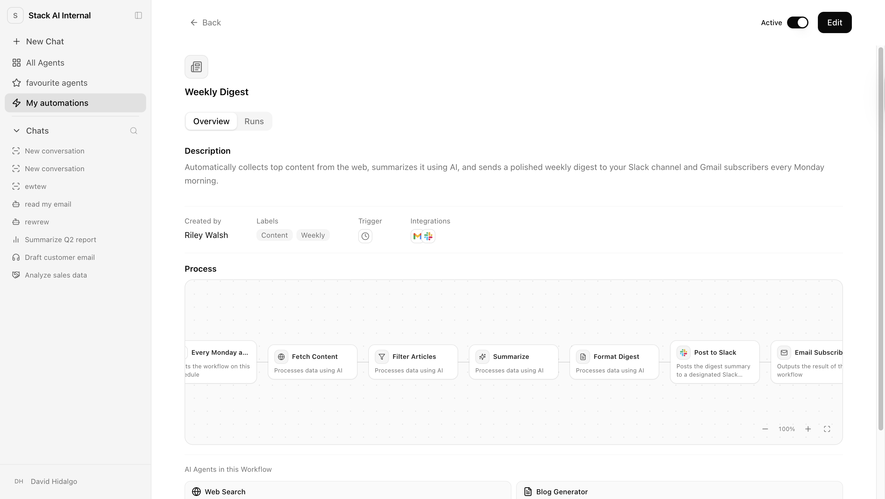 Automation details screen for configuring and testing trigger-based workflows