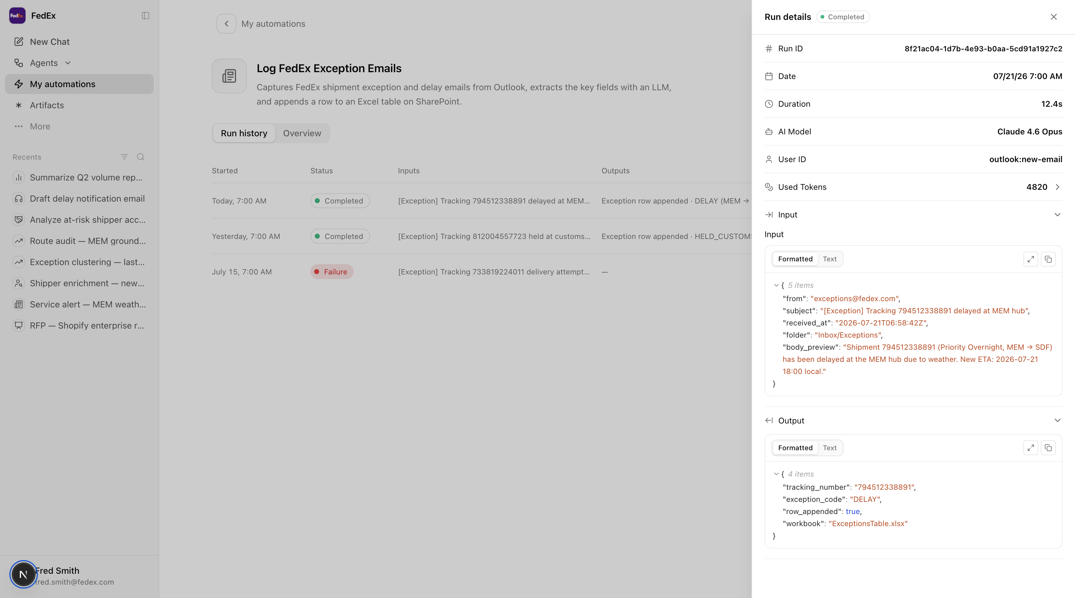 Automation workflow detail with AI agent prompt and setup controls