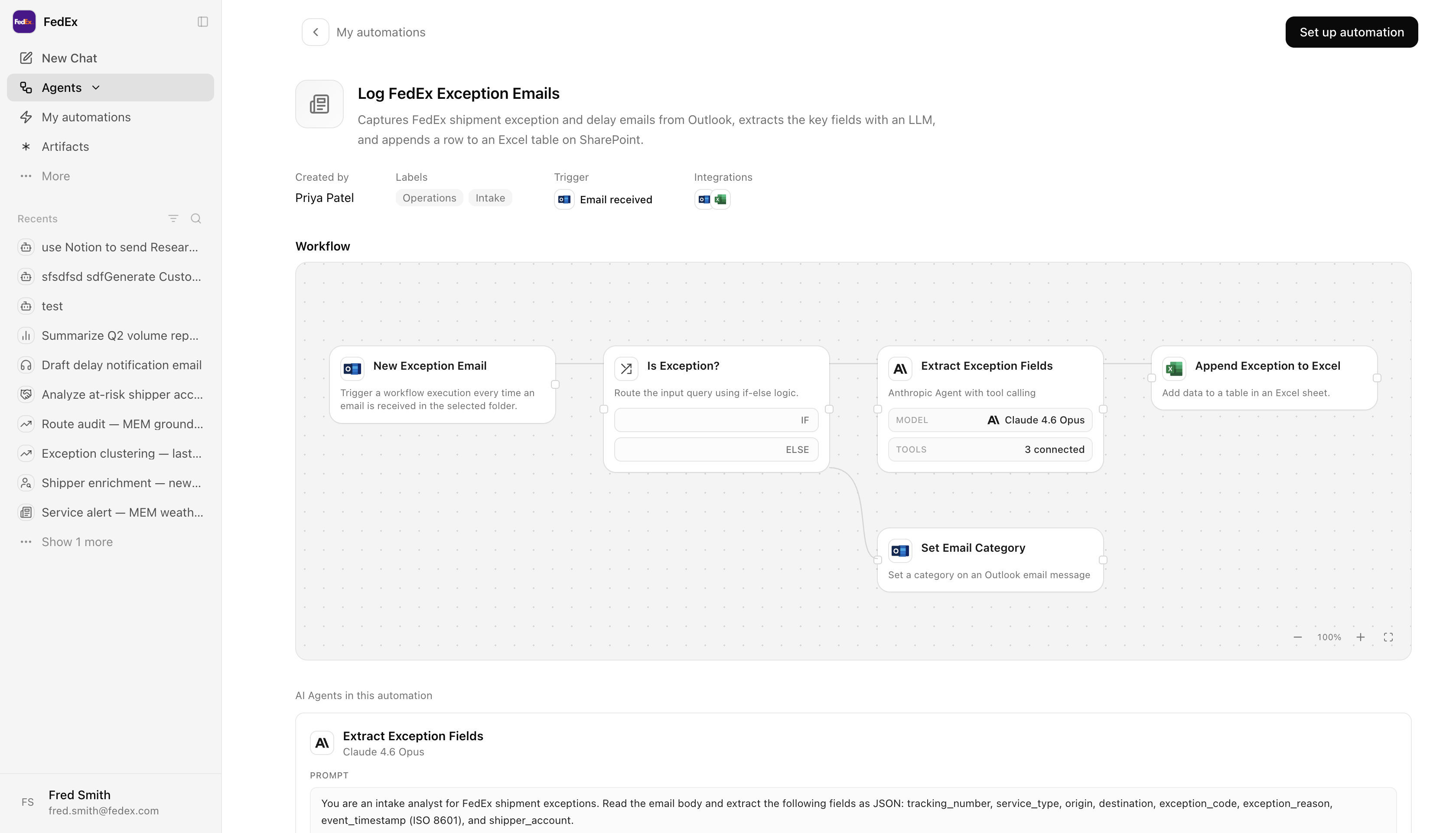 Automation details screen with workflow graph and setup controls
