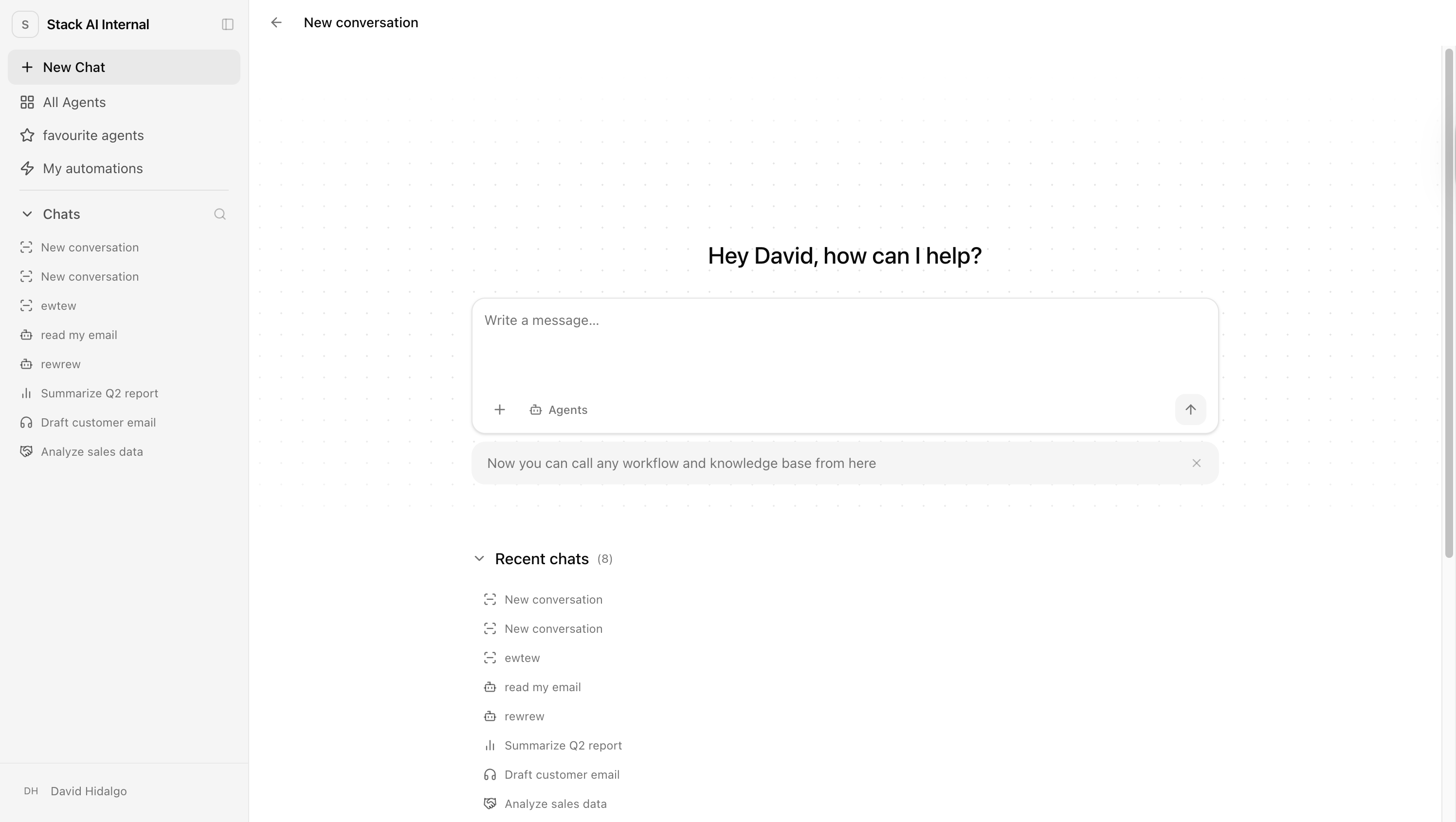 Chat-first entry point with agent grid as catalog layer below