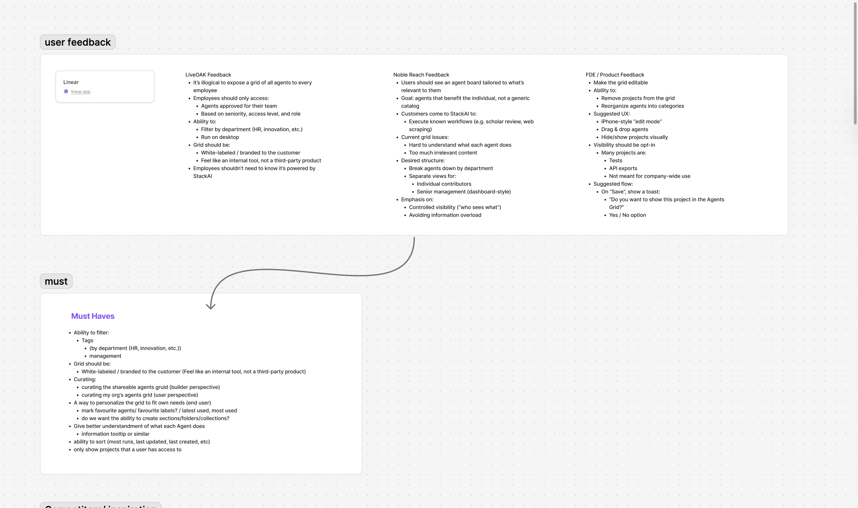 User feedback and must-have requirements for the agent grid