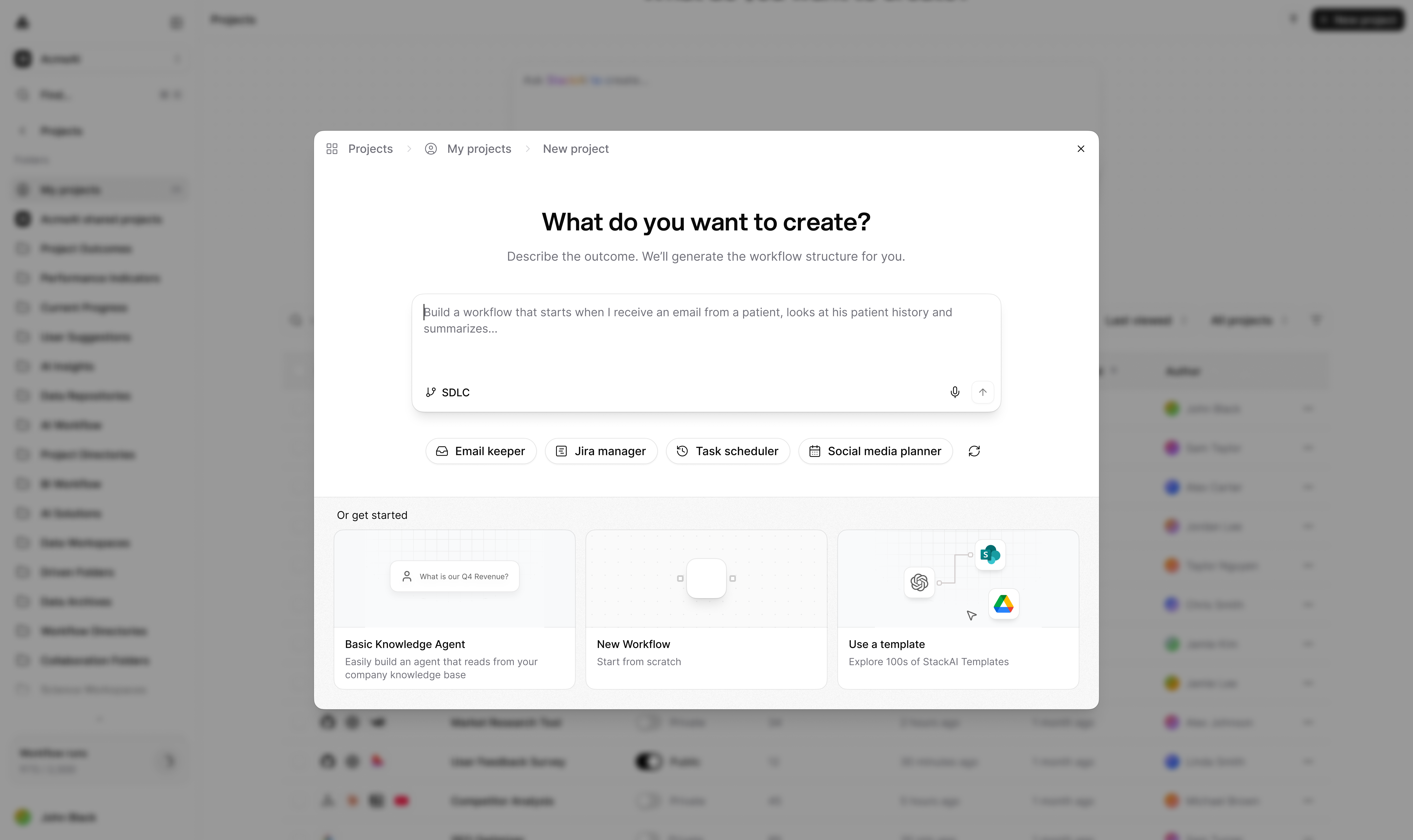 New project modal with P2F prompt field and creation options