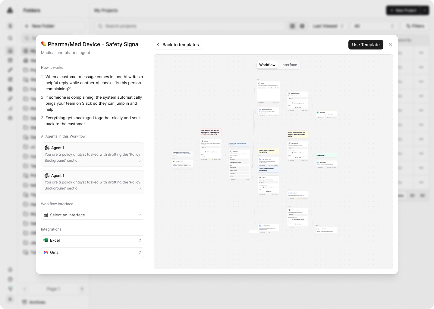 Template preview with workflow nodes and use-template navigation