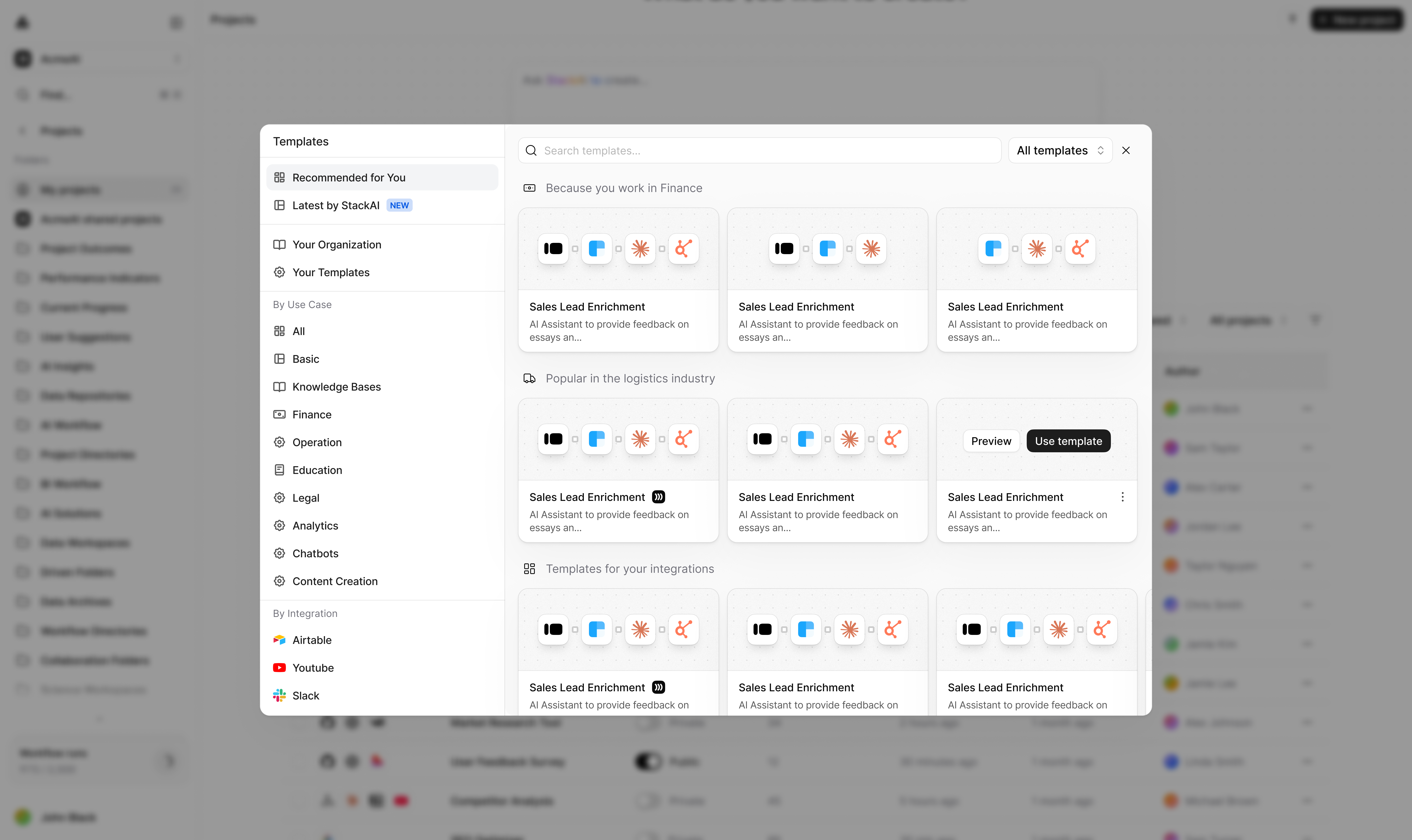Templates view with category filters and template cards