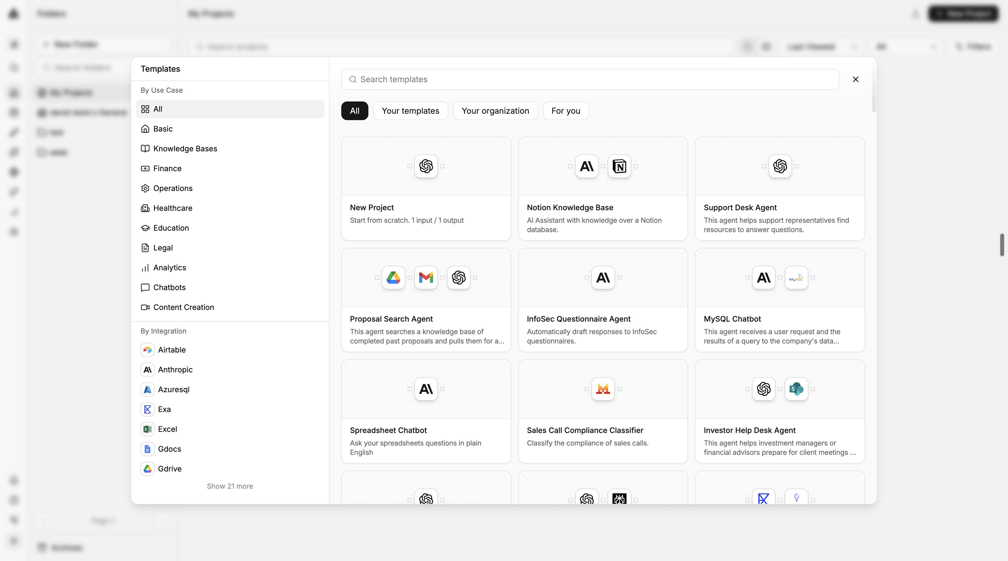 Templates view with category filters and template cards